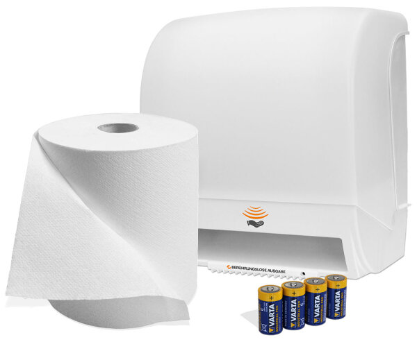 Komplettset für Papierspender inkl. 6 x Papierrollen 2-lagig & Batterieset